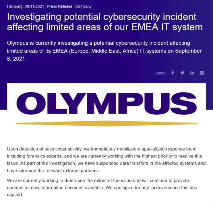 Olympus連續遭兩次勒索軟件(jiàn)攻擊